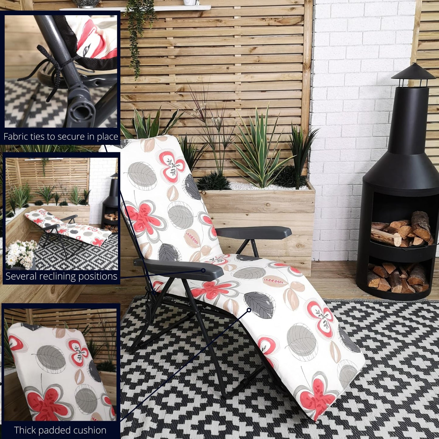 Factory Seconds: Padded Outdoor Garden Patio Recliner / Sun Lounger with Flowers