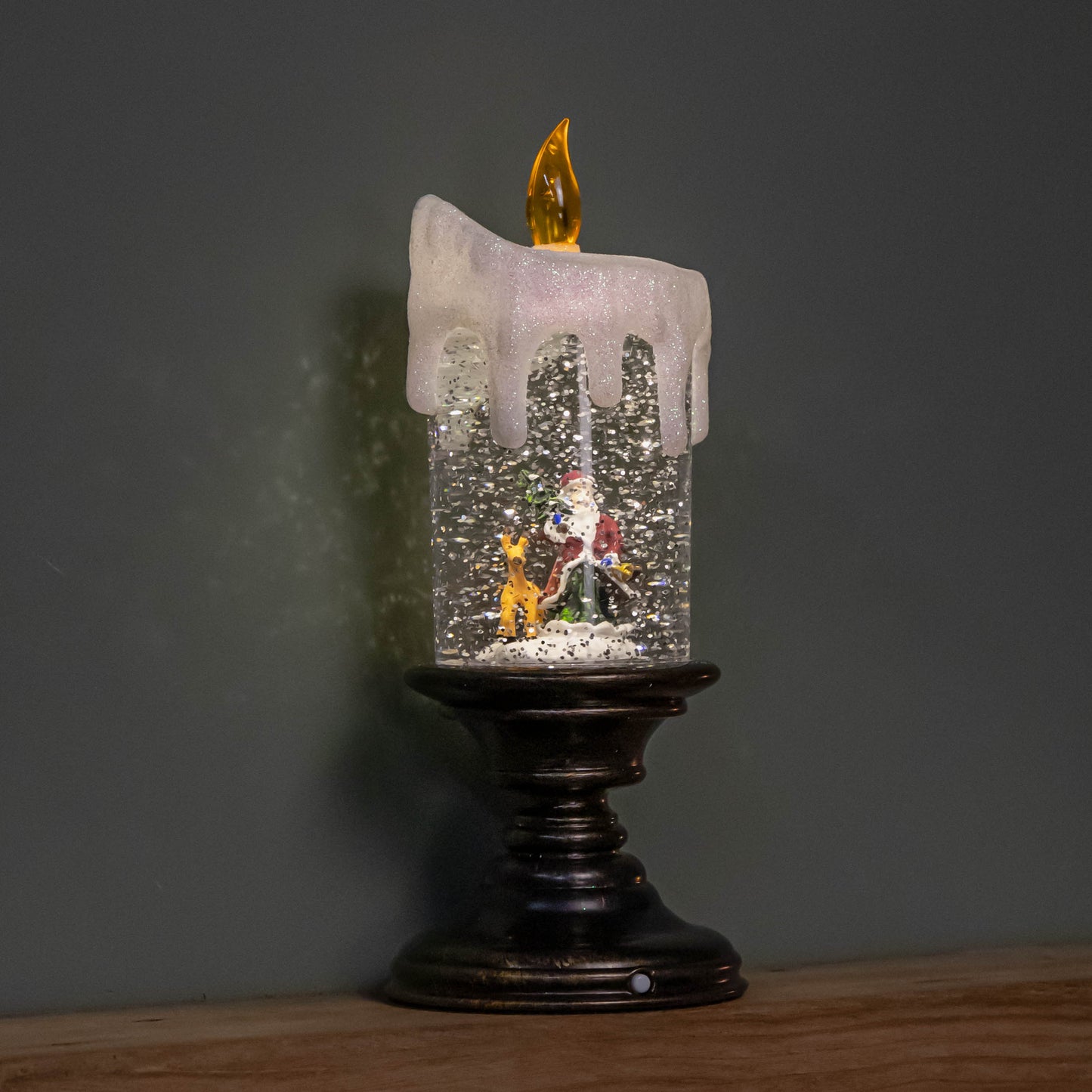 25cm Snowtime Dual Power LED Water Spinner Candlestick with Santa Scene