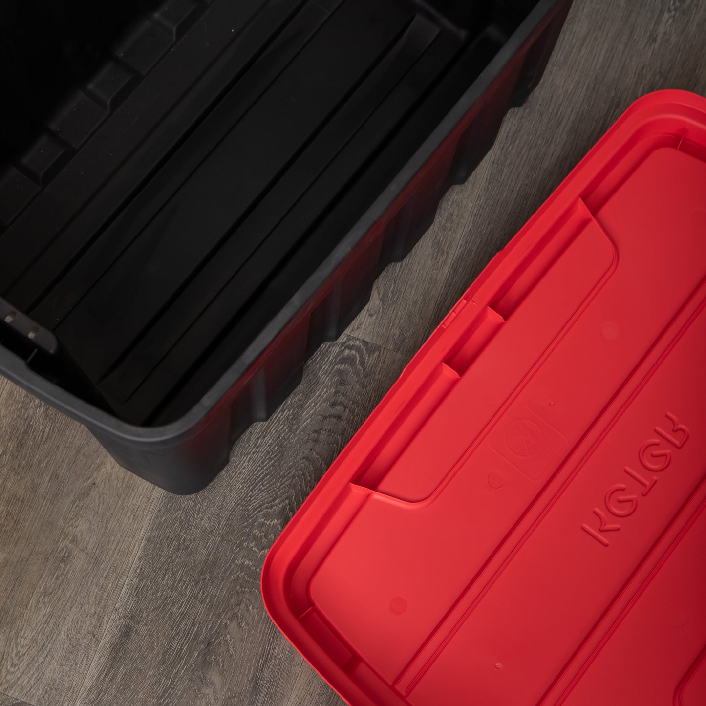 140L Black and Red Tuff Stackable Storage Box with Lid and Carry Handles