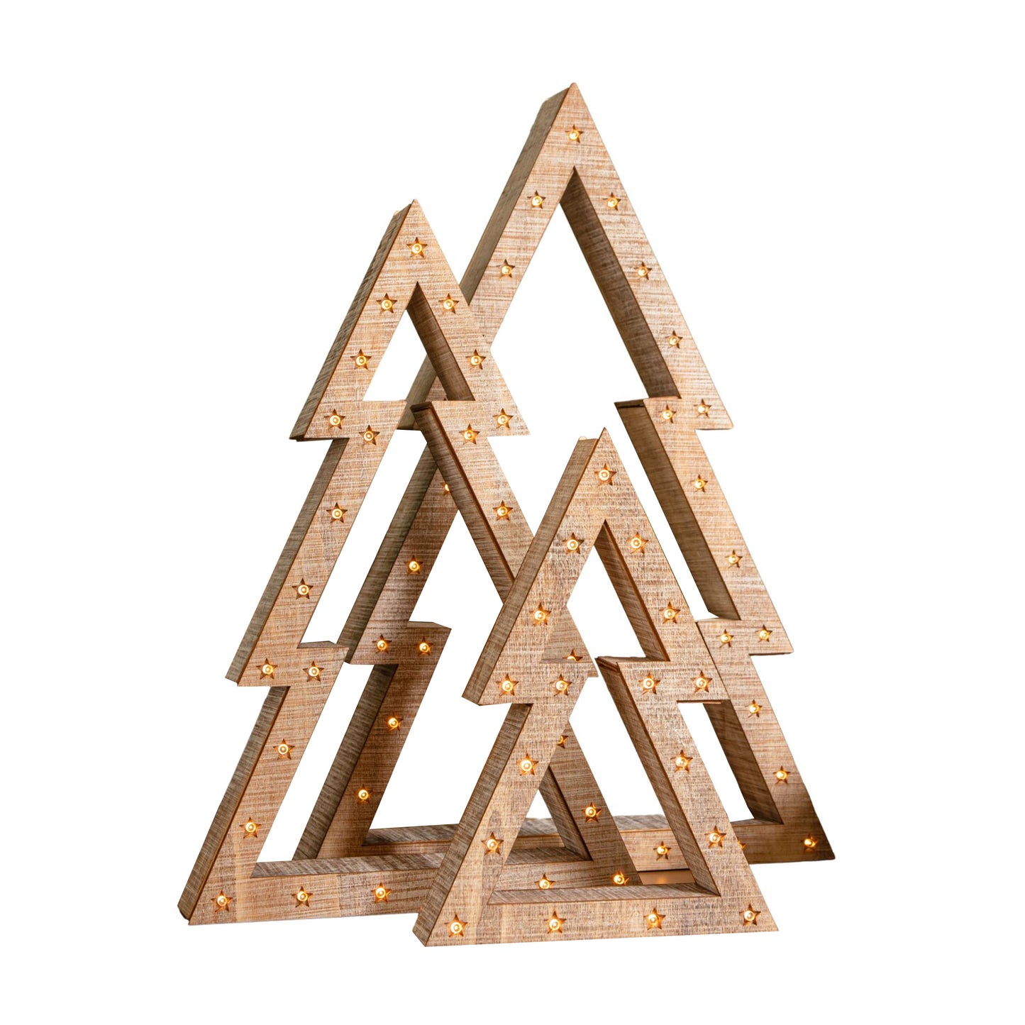 Set of 3 Battery Operated Light up Wooden Christmas Trees with Warm White LEDs