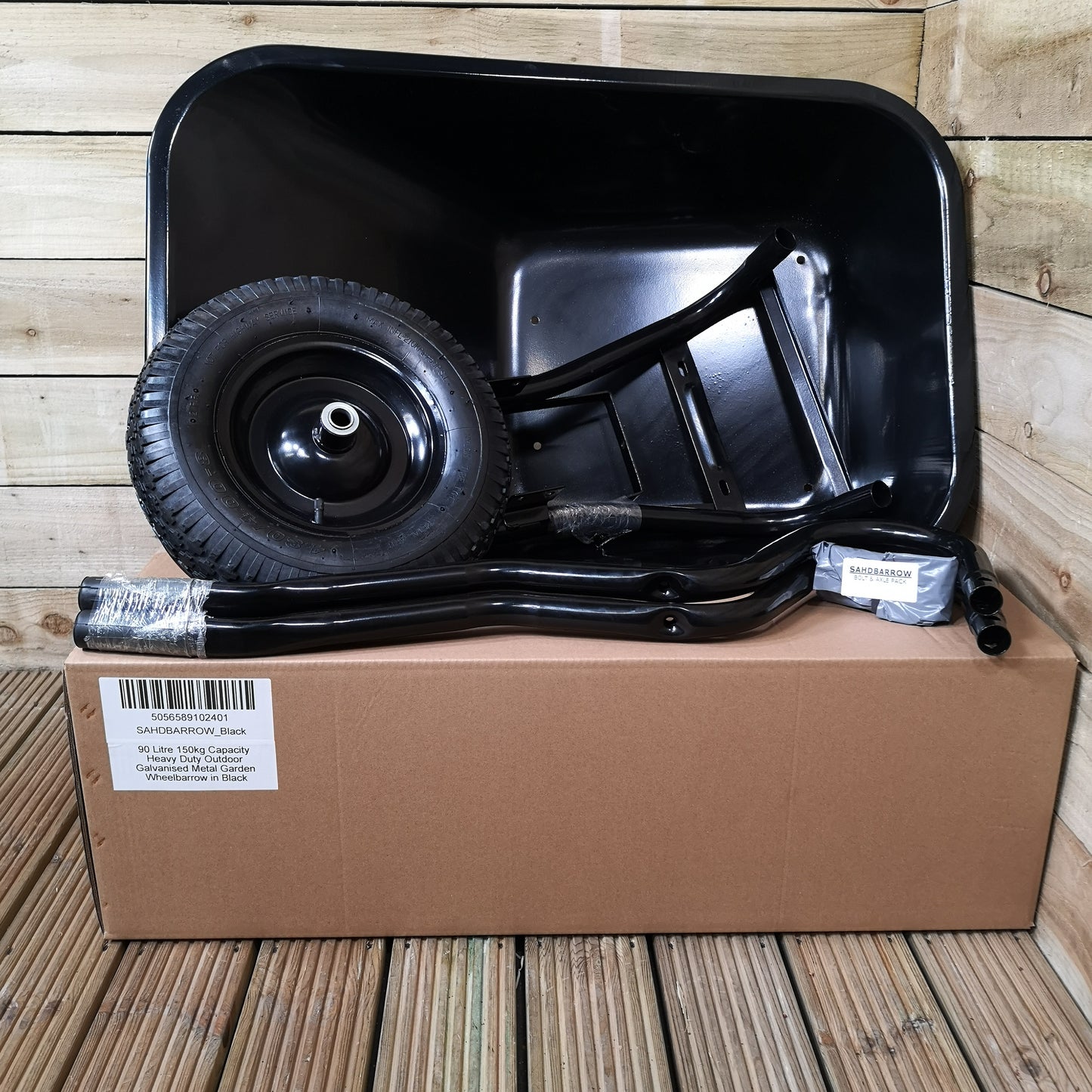 Black 90 Litre 150kg Capacity Heavy Duty Outdoor Galvanised Pneumatic Metal Garden Wheelbarrow