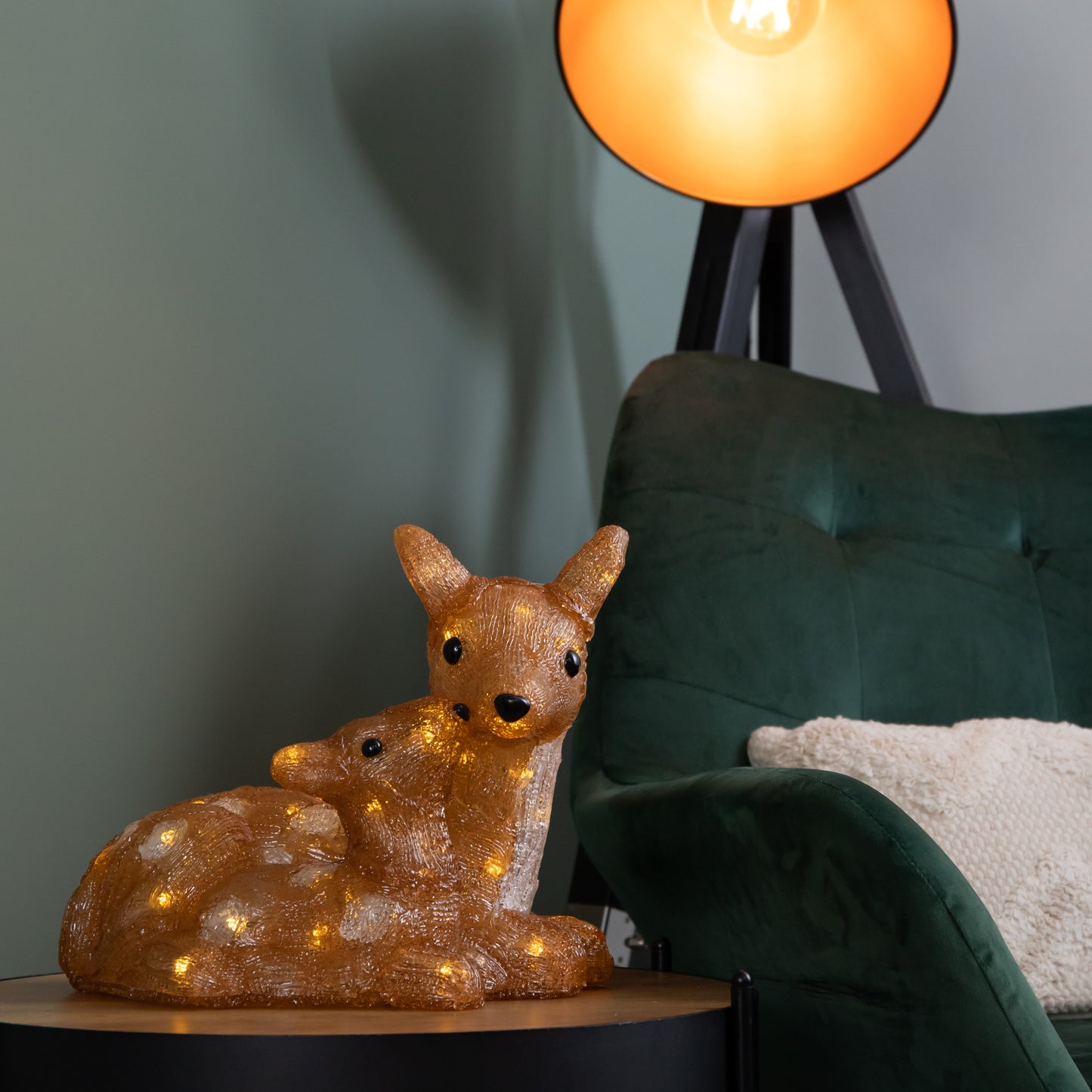 27cm Battery Powered Light up Ice Frosted Christmas Doe & Fawn with Warm White LEDs
