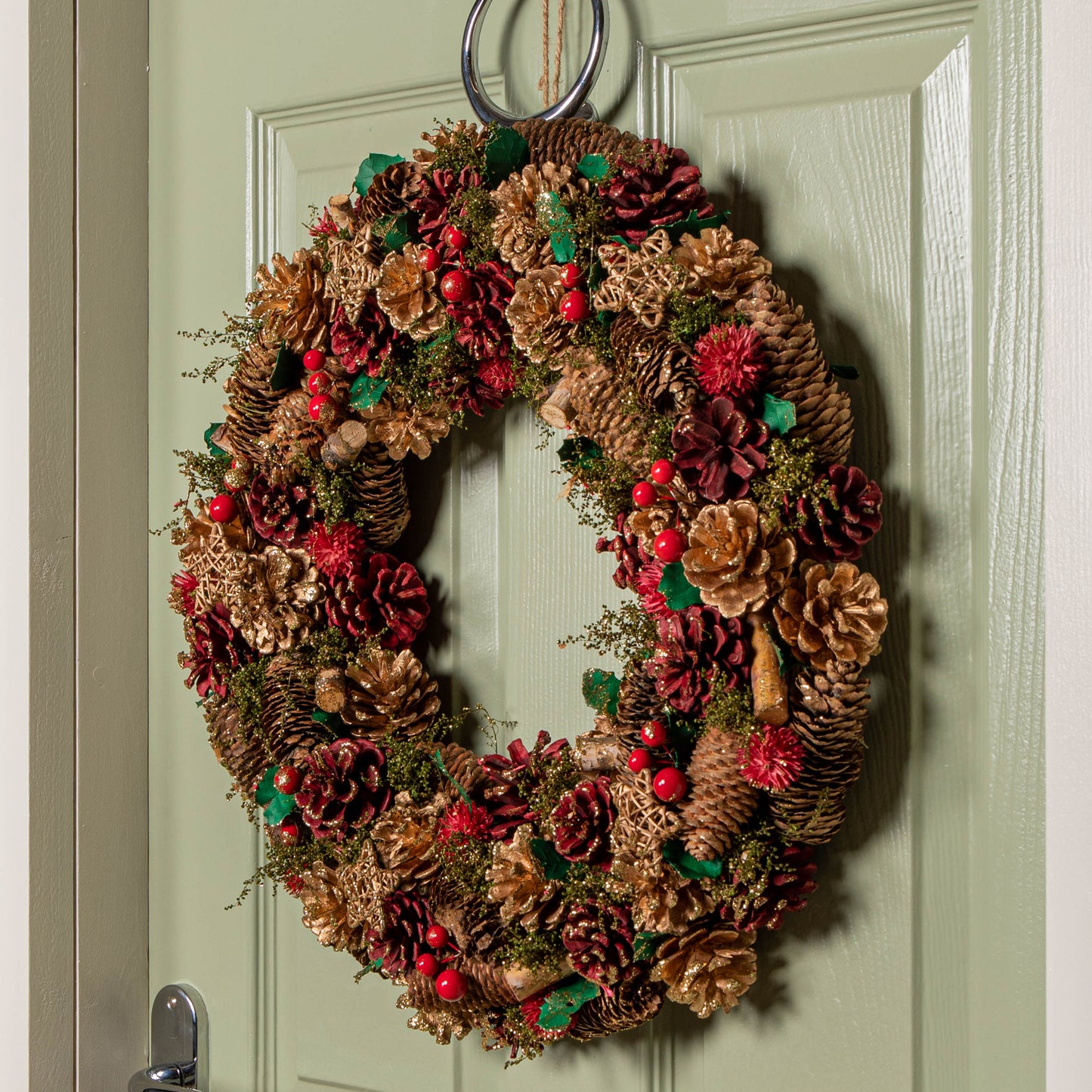 50cm Red Hanging Christmas Wreath with Red Berries and Pinecones