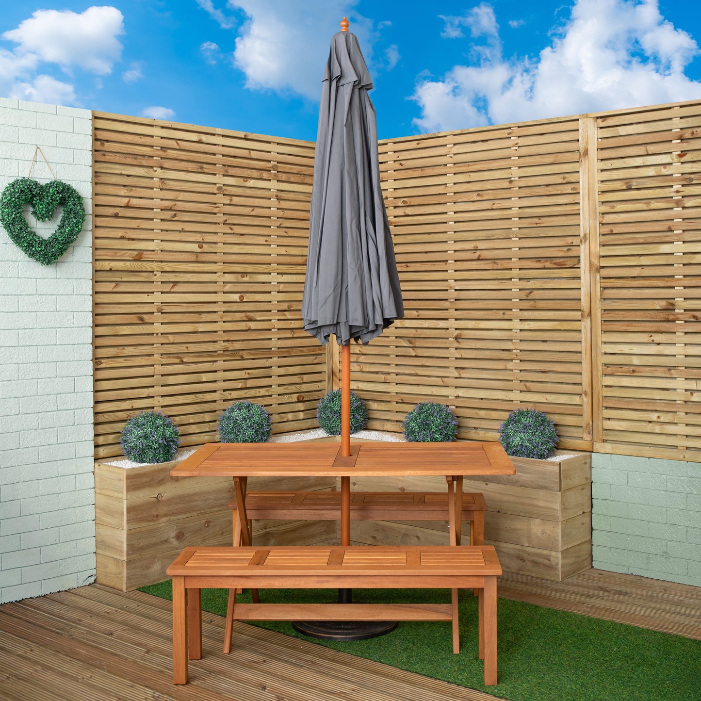 Outdoor 4 Person Rectangular Wooden Garden Dining Table, 2 Benches with Grey Parasol and Base Set