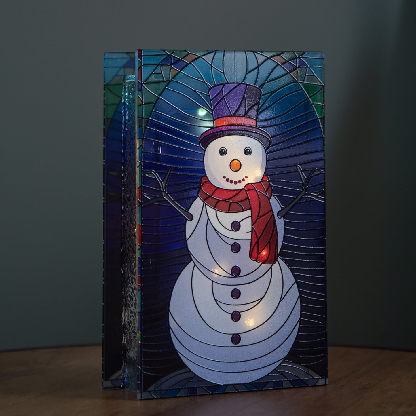 21cm Battery Operated Light up Double Sided Stained Glass Snowman Decoration with LEDs