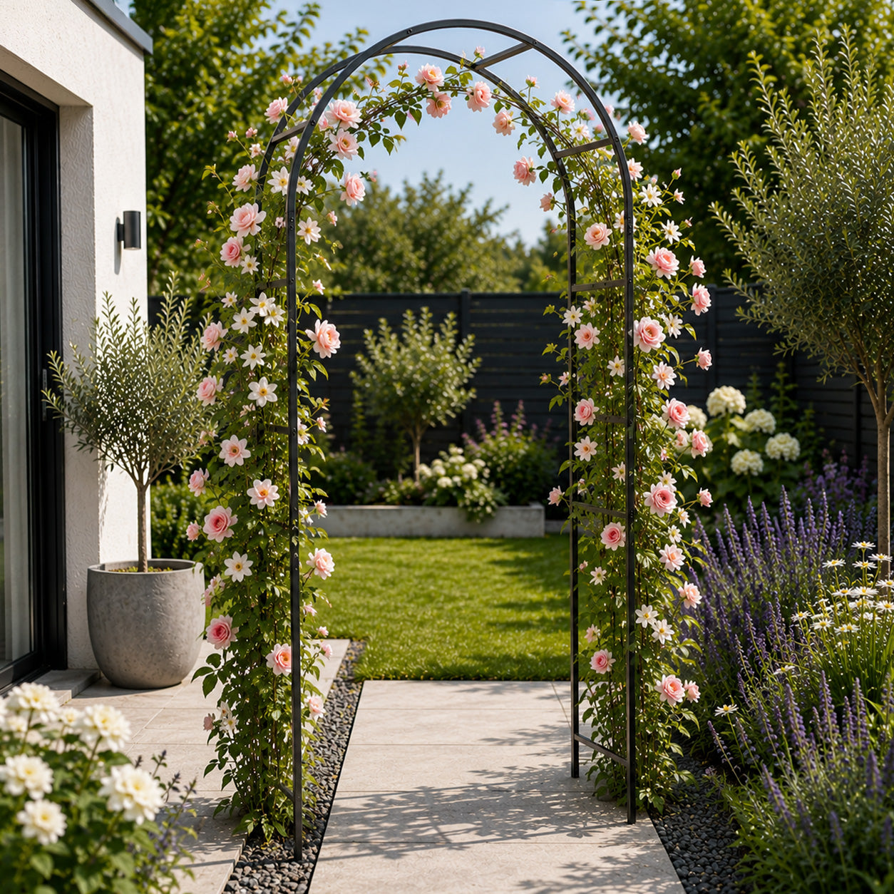 2.28m x 1.1m Black Garden Steel Arch Trellis for Climbing Plants