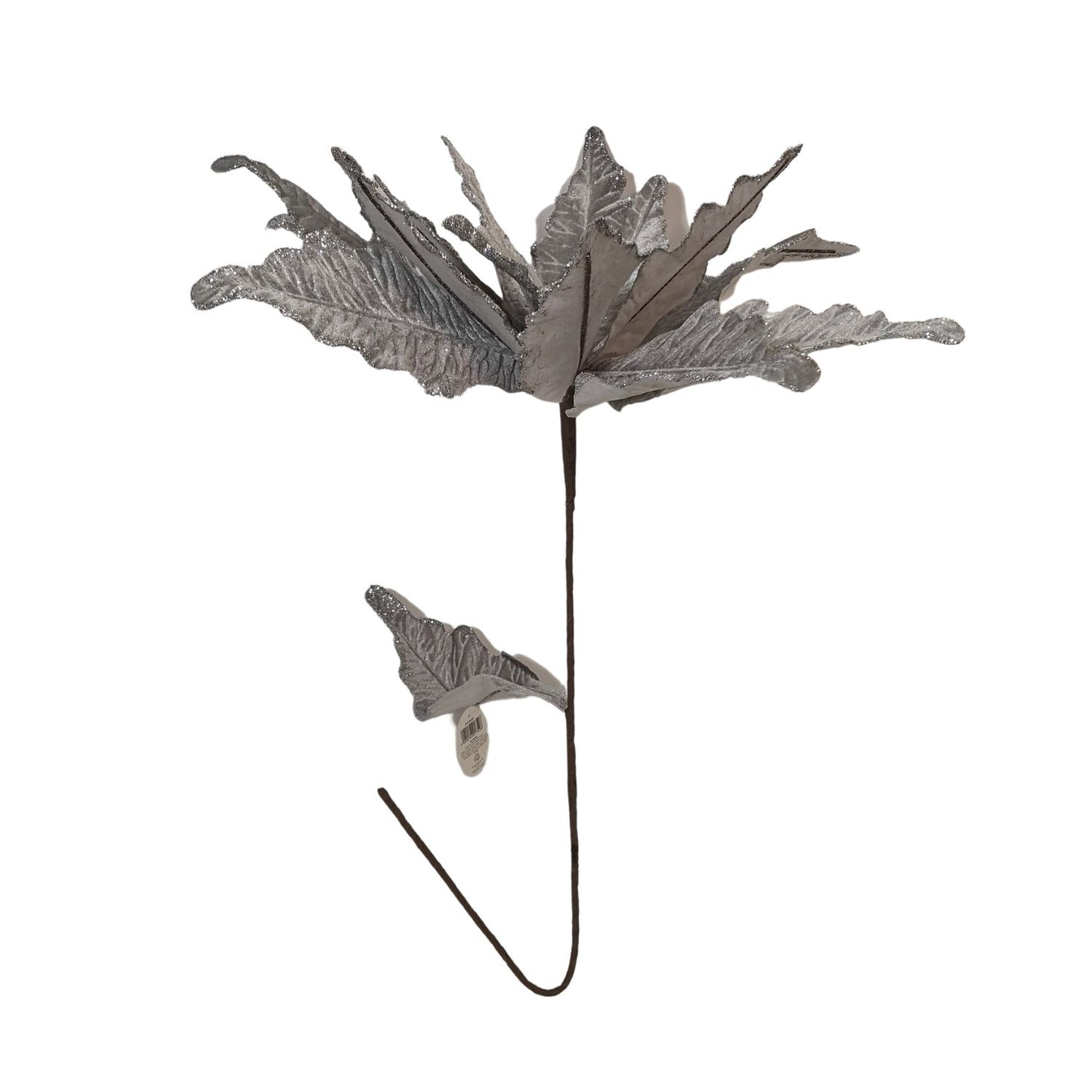 68cm Silver Velvet Poinsettia Stem with 2 Flowers Christmas Decoration