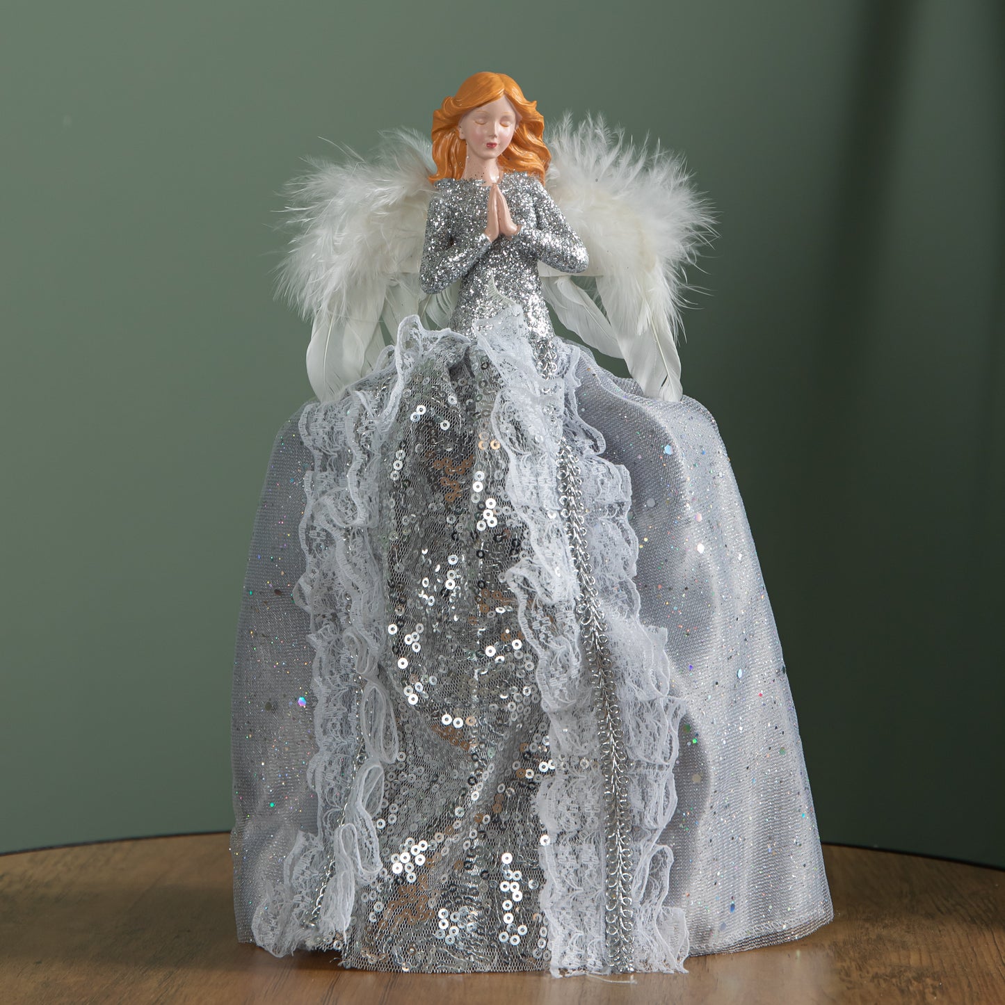 28cm Christmas Angel Tree Topper Decoration with Feather Wings in Silver
