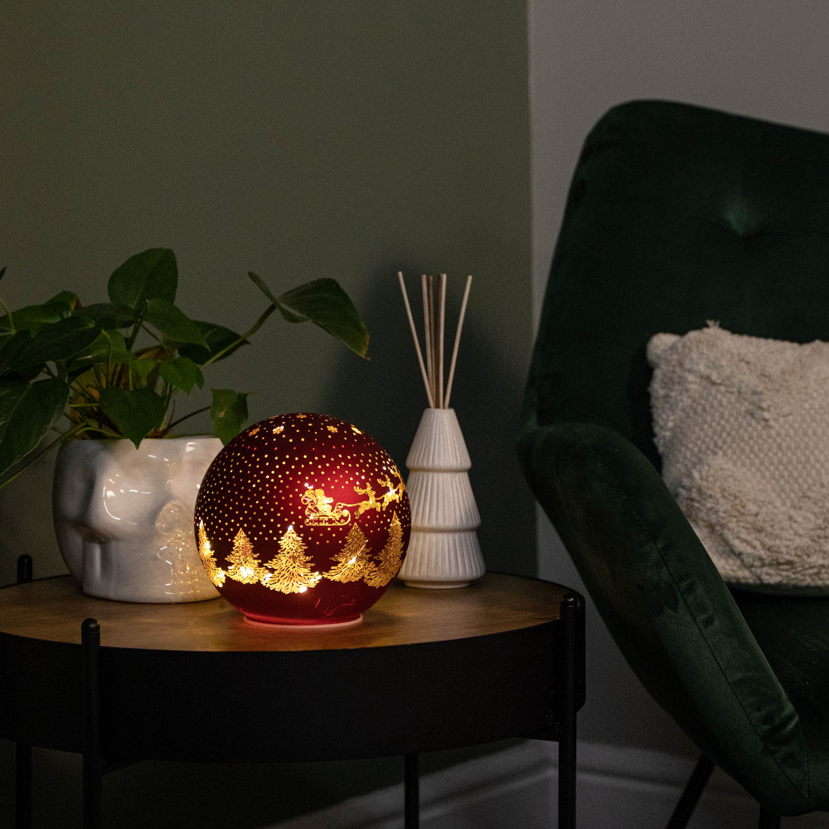 15cm Battery Operated Light up Santa Glass Ball in Red with Warm White LEDs