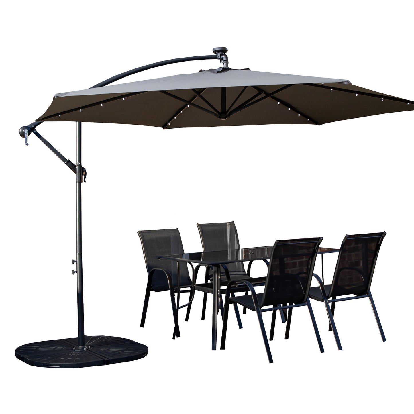 Outdoor 4 Person Rectangular Glass Top Garden Dining Table Chairs With Grey Banana Lit Parasol and Base