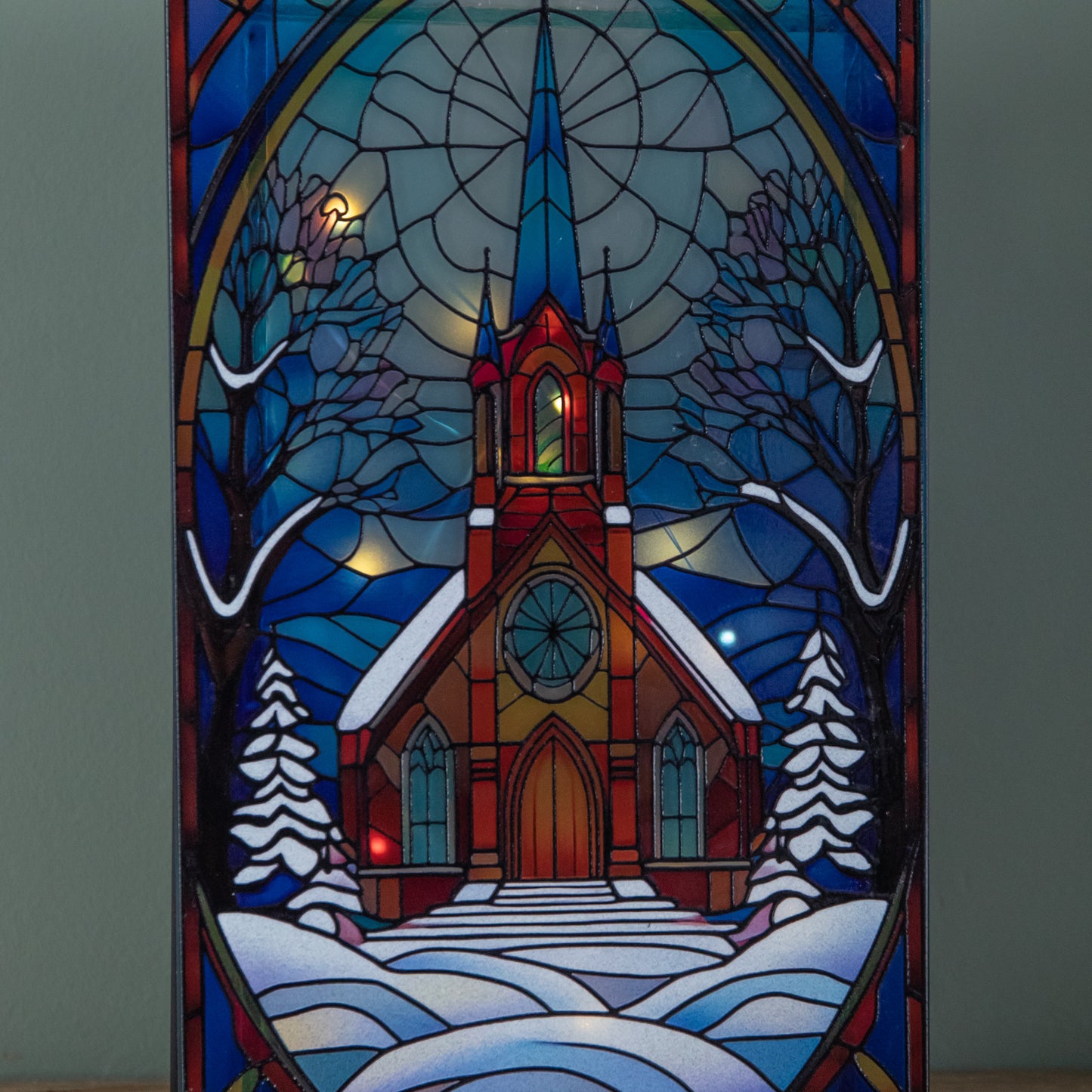 21cm Battery Operated Light up Double Sided Stained Glass Victorian Church Decoration with LEDs