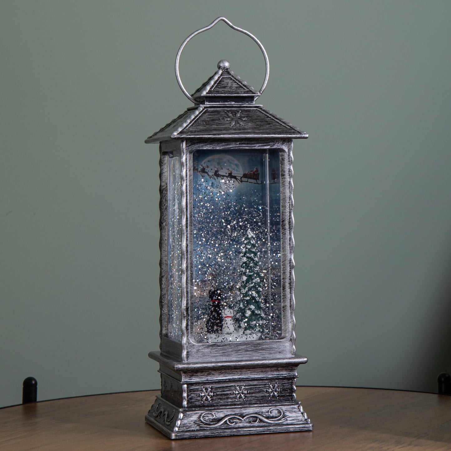 27cm Dual Powered Light up Antique Silver Christmas Water Spinner with Dogs & Flying Sleigh Scene