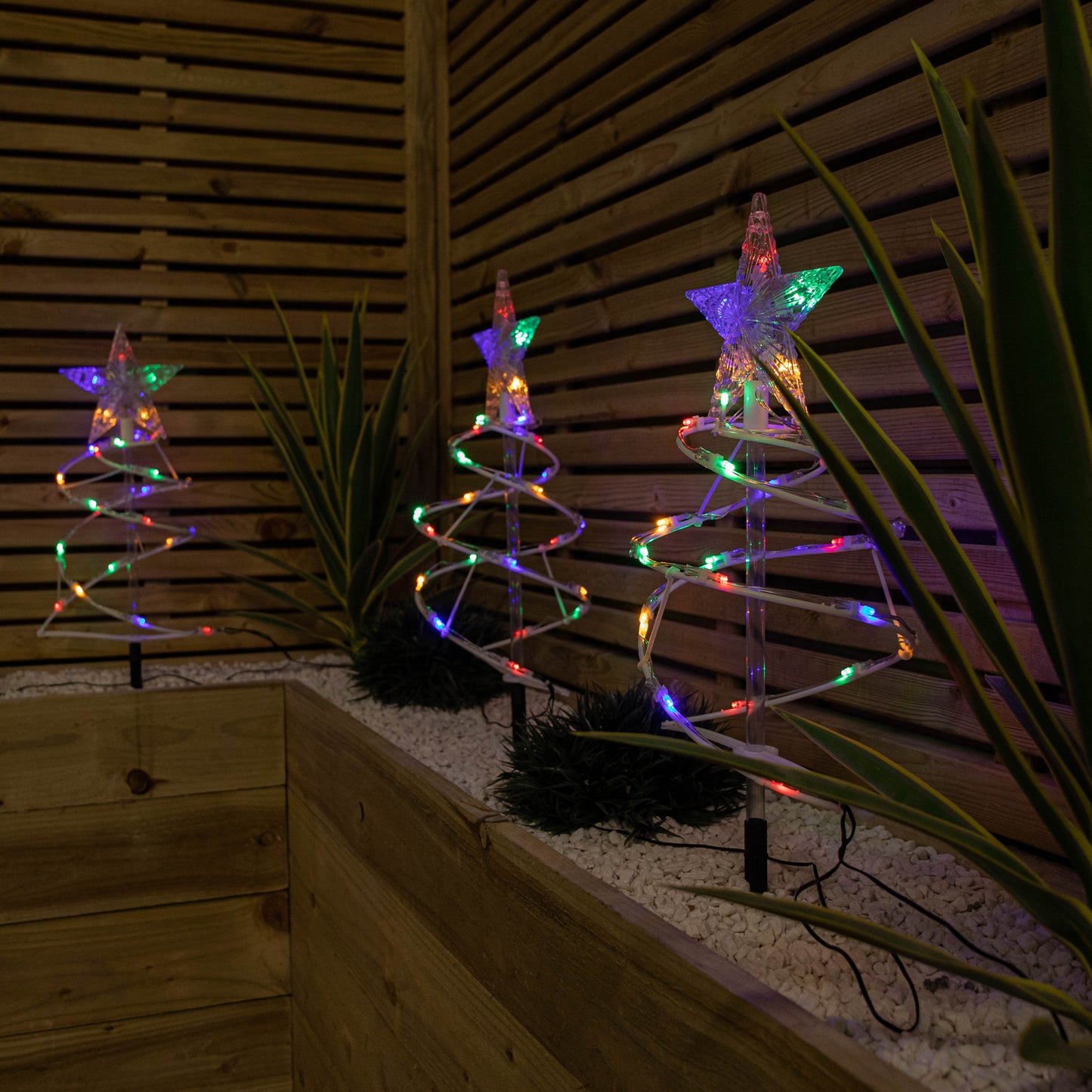 45cm Set of 4 Light up White Spiral Christmas Tree Garden Path Lights with 100 Multi-Coloured LEDs