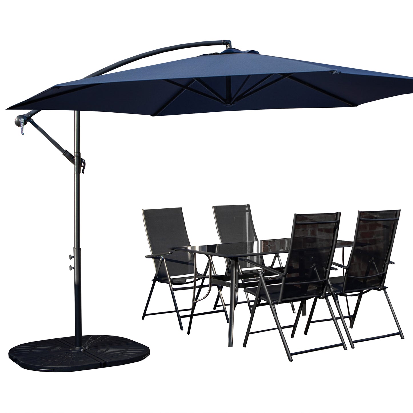 Outdoor 4 Person Rectangular Glass Top Garden Dining Table Chairs With Blue Banana Parasol and Base Set