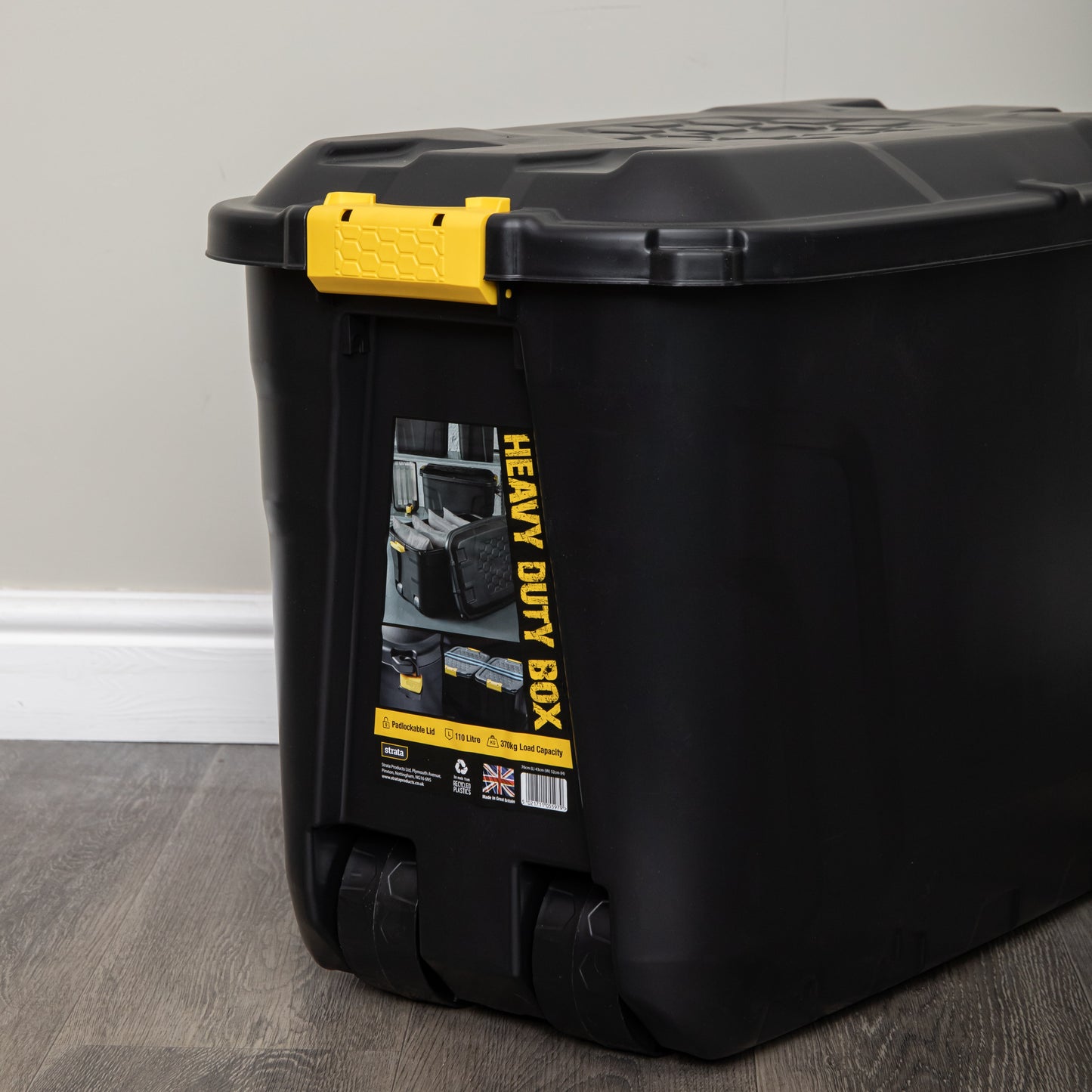 110L Heavy Duty Lockable, Stackable Storage Chest Trunk on Wheels with Clips in Black