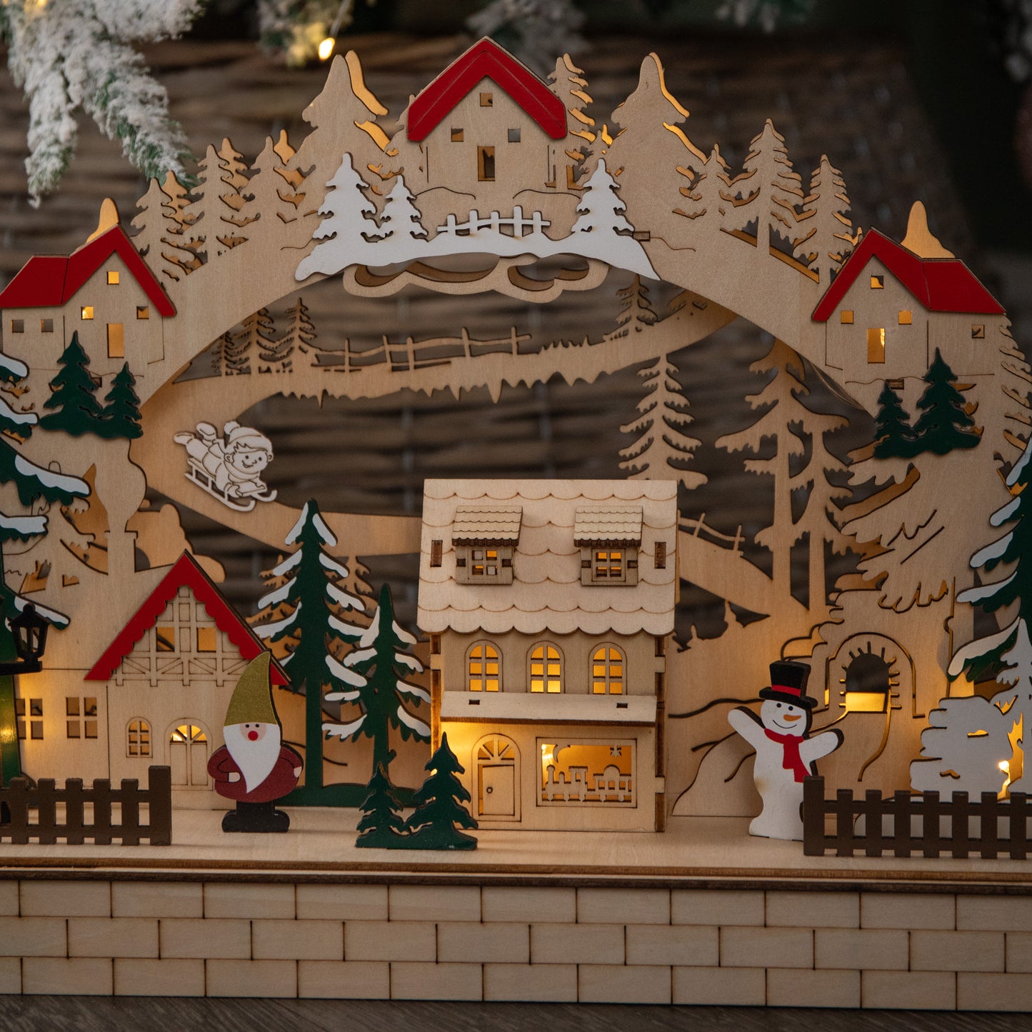 40cm Battery Operated Wooden Christmas Alpine Scene with LEDs