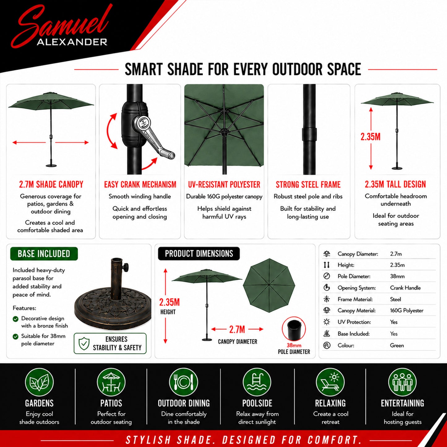 2.7m Havana Garden Patio Parasol with Crank Handle in Green with 9kg Base Included