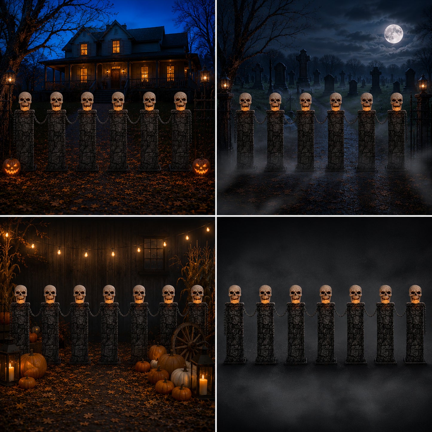 Pack of 2: 90cm x 1.2m Battery Powered Light Up Halloween Skull Fence with LEDs