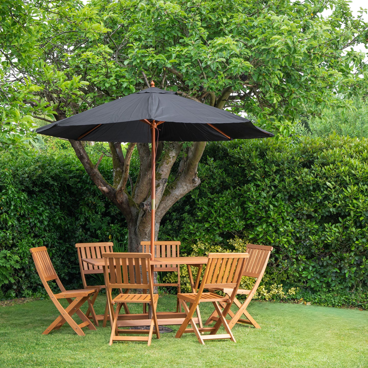 Outdoor 6 Person Folding Rectangular Wooden Garden Dining Table Chairs Parasol and Base set