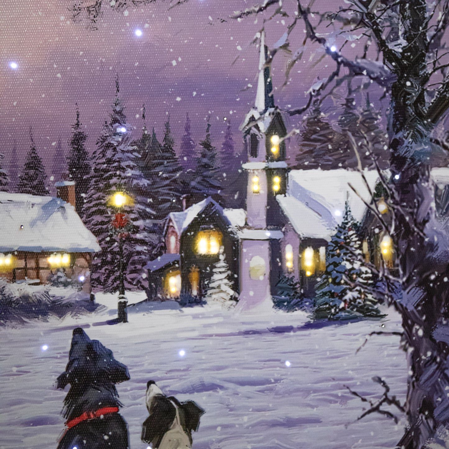 40 x 30cm Battery Operated Light up Fibre Optic Dogs Watching Santa Christmas Wall Canvas