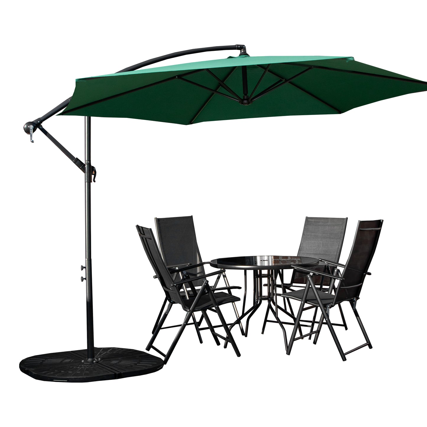 Outdoor 4 Person Round Glass Top Garden Dining Table Chairs With Green Banana Parasol and Base Set