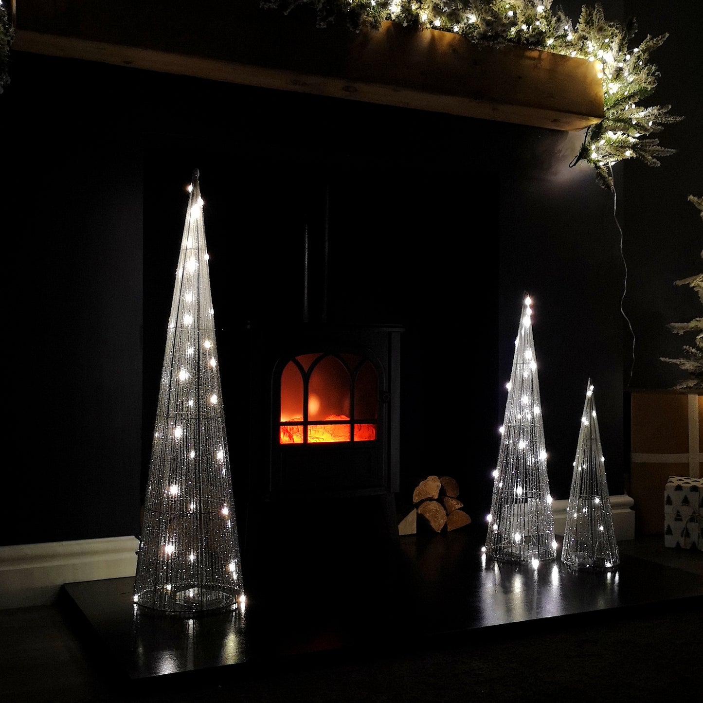 LED Tree Cone Obelisk Trio with 90 LEDs in Silver
