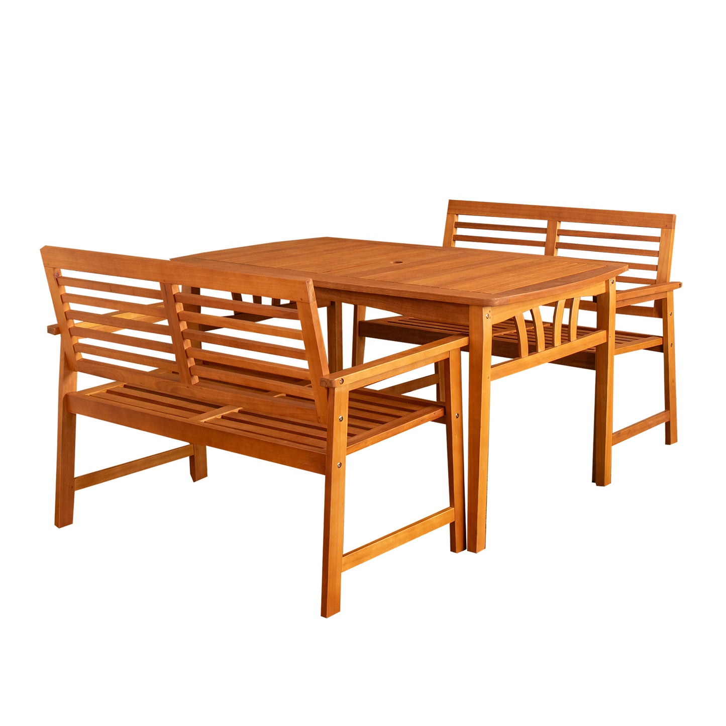 Outdoor 4 Person Rectangular Wooden Garden Table, 2 Benches Furniture Set