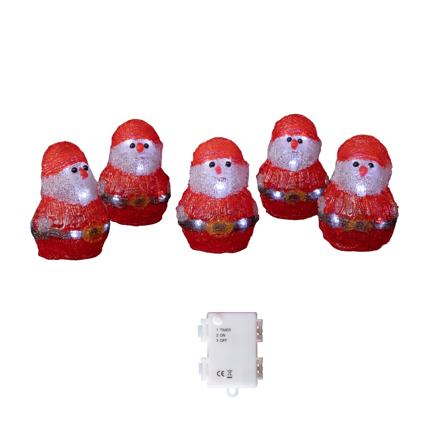 14cm Set of 5 Battery Operated Light up Christmas Santa Ornaments with 40 Cool White LEDs