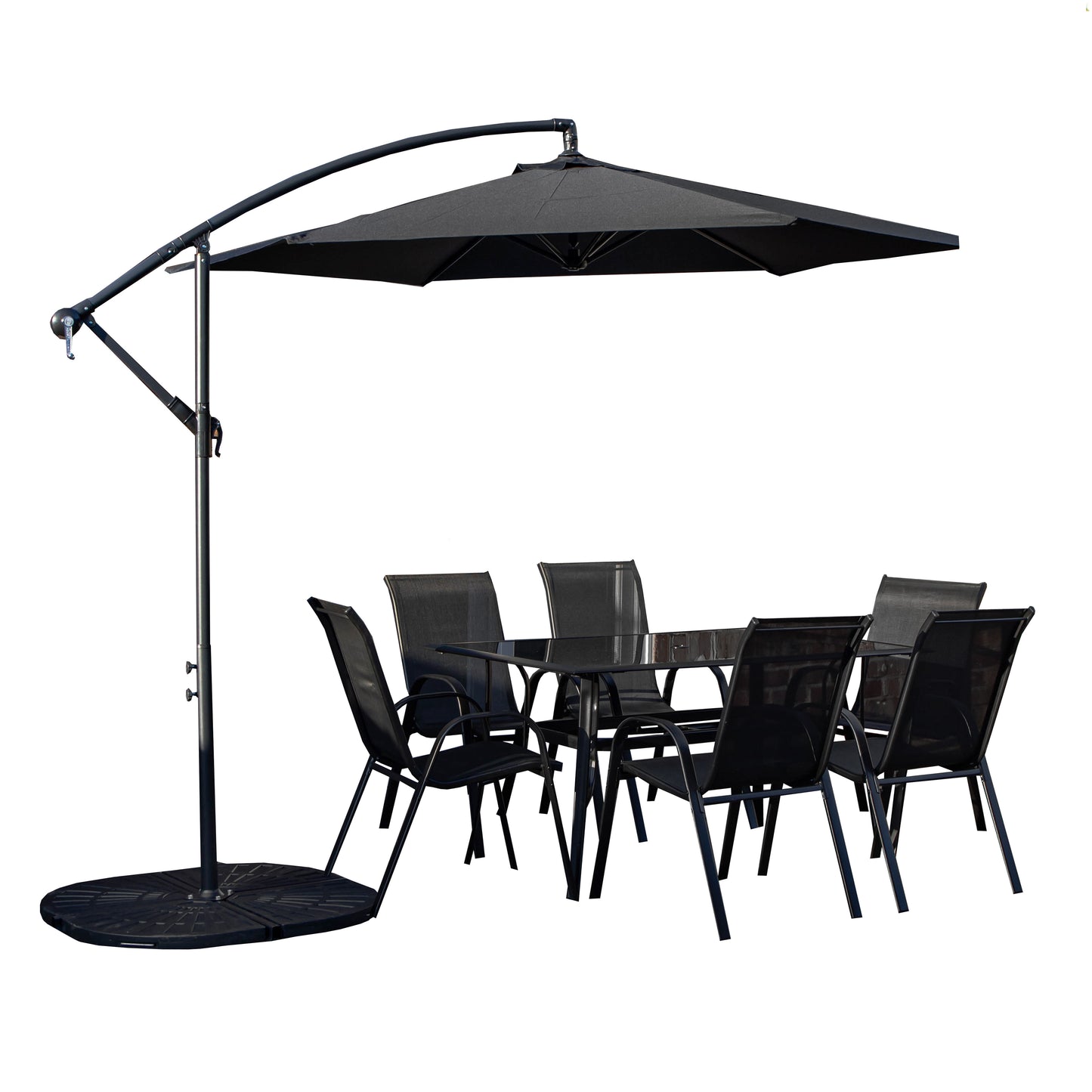 Outdoor 6 Person Rectangular Glass Top Garden Dining Table Chairs With Black Banana Parasol and Base