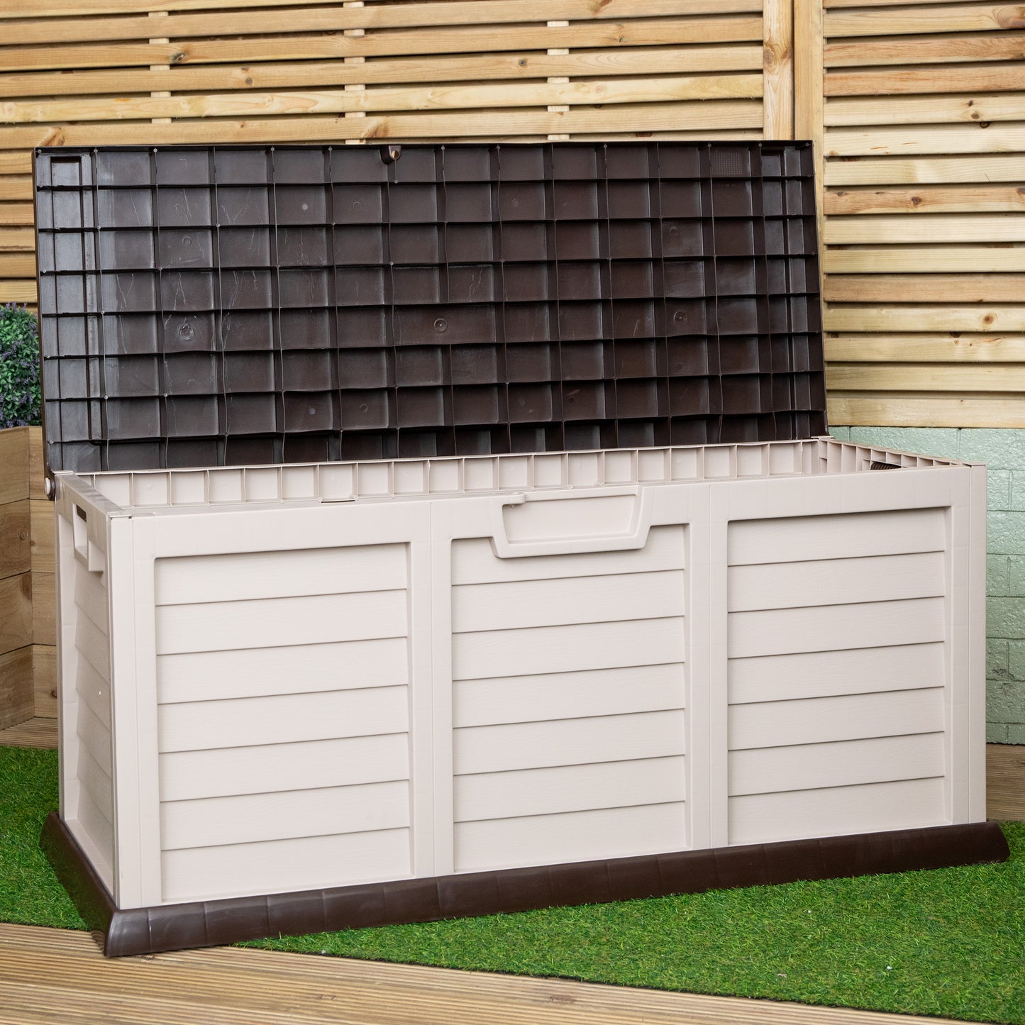 440L Heavy Duty Garden Patio Storage Box with Lockable Sit on Lid in Brown
