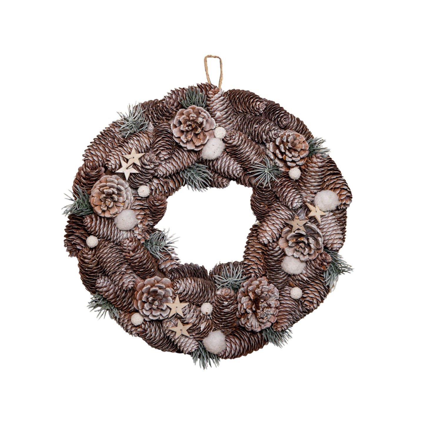 36cm Frosted Hanging Christmas Wreath with Pine Cones & Wooden Stars