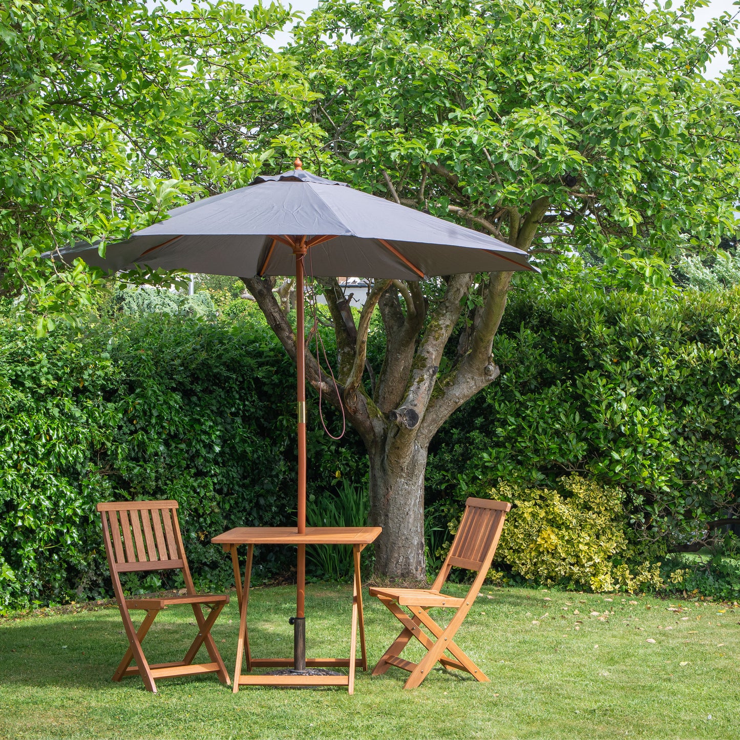 Outdoor 2 Person Folding Wooden Garden Dining Table Chairs Grey Parasol and Base Set