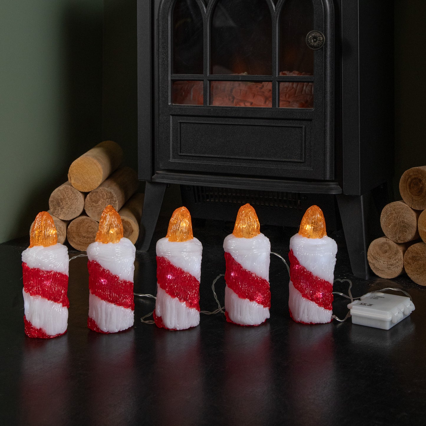 15cm Set of 5 Battery Operated Light up Christmas Candle Ornaments with 30 Cool White LEDs