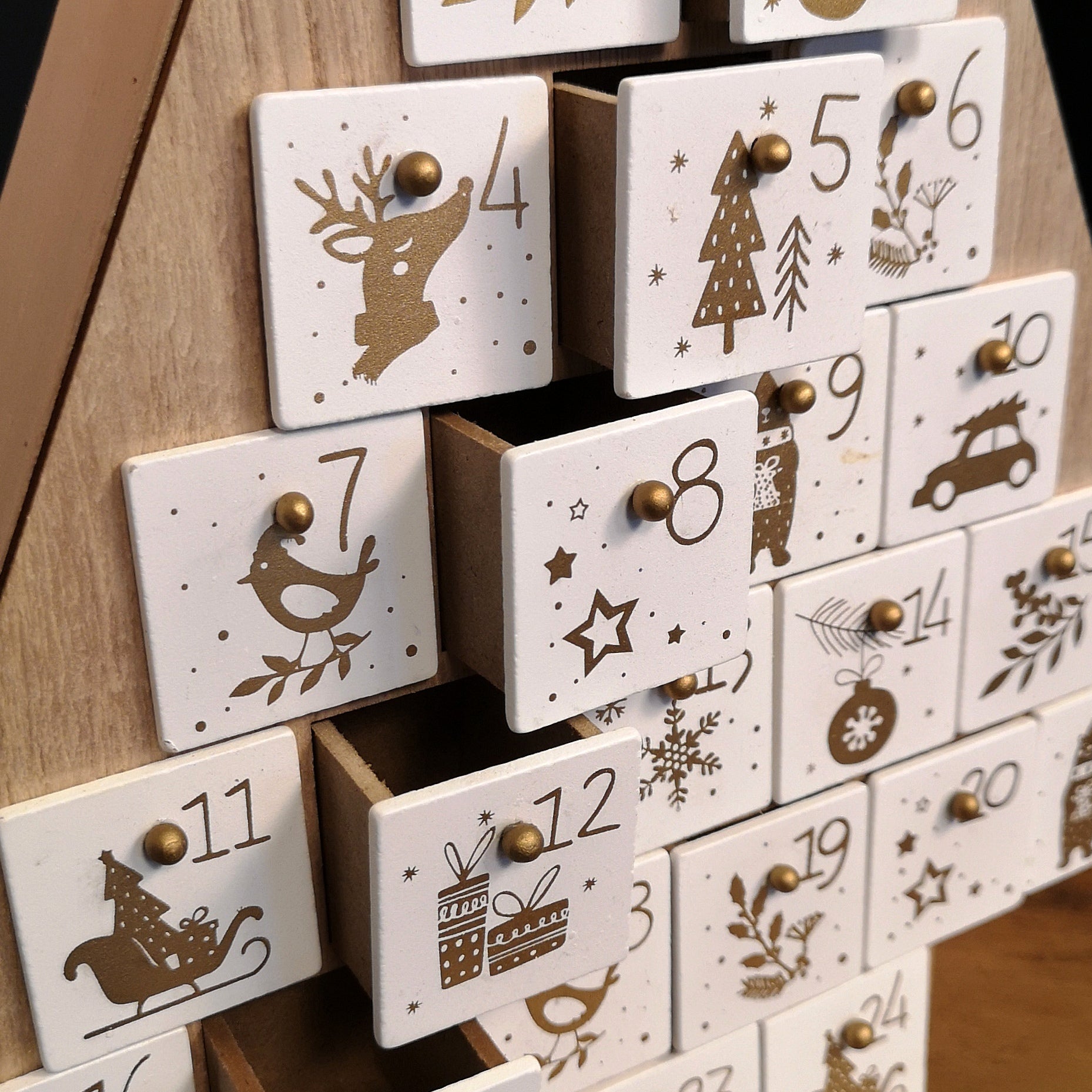 38cm Traditional Wooden Tree Advent Calendar Christmas Decoration with White Drawers
