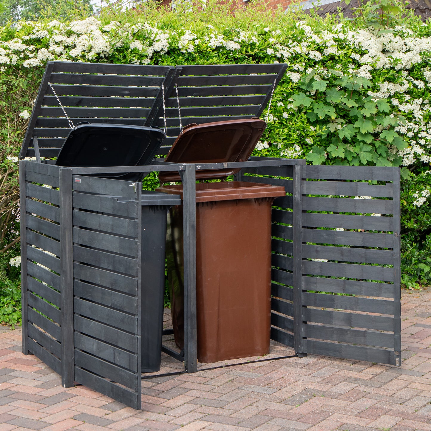 1.43m x 1.16m Outdoor Wooden Garden Double Wheelie Bin Store Storage for 2 Bins in Anthracite
