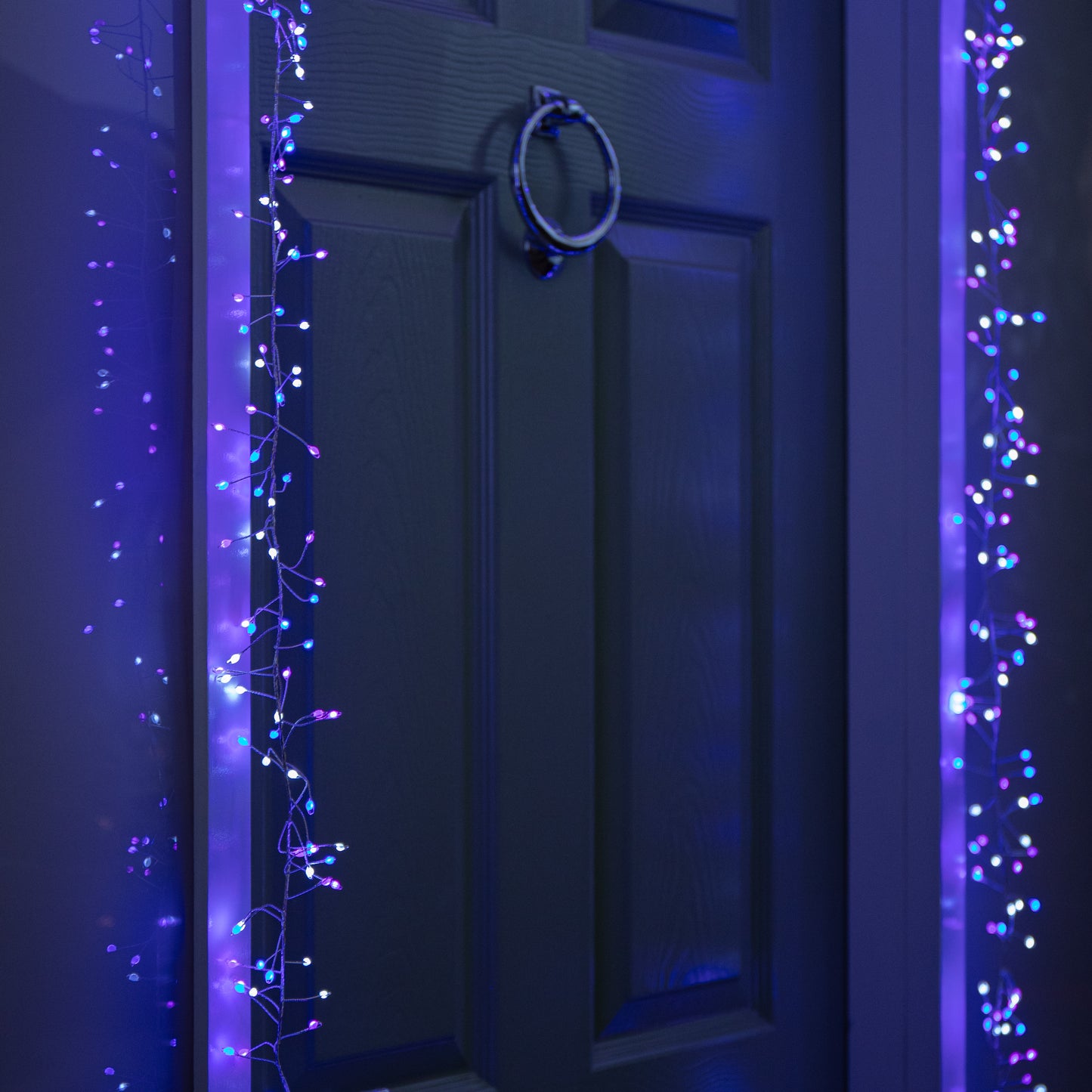 5.5m 800 LED UltraBrights Christmas Door Cluster Lights with Timer in Blue, Purple & White on Silver Wire