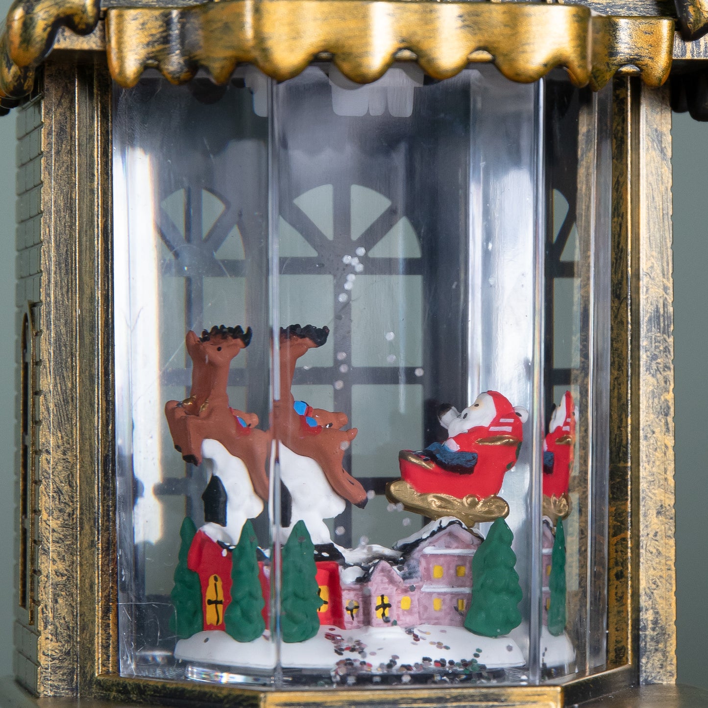 20cm Dual Powered Light up Christmas House Water Spinner with Santa in Sleigh Scene and LEDs