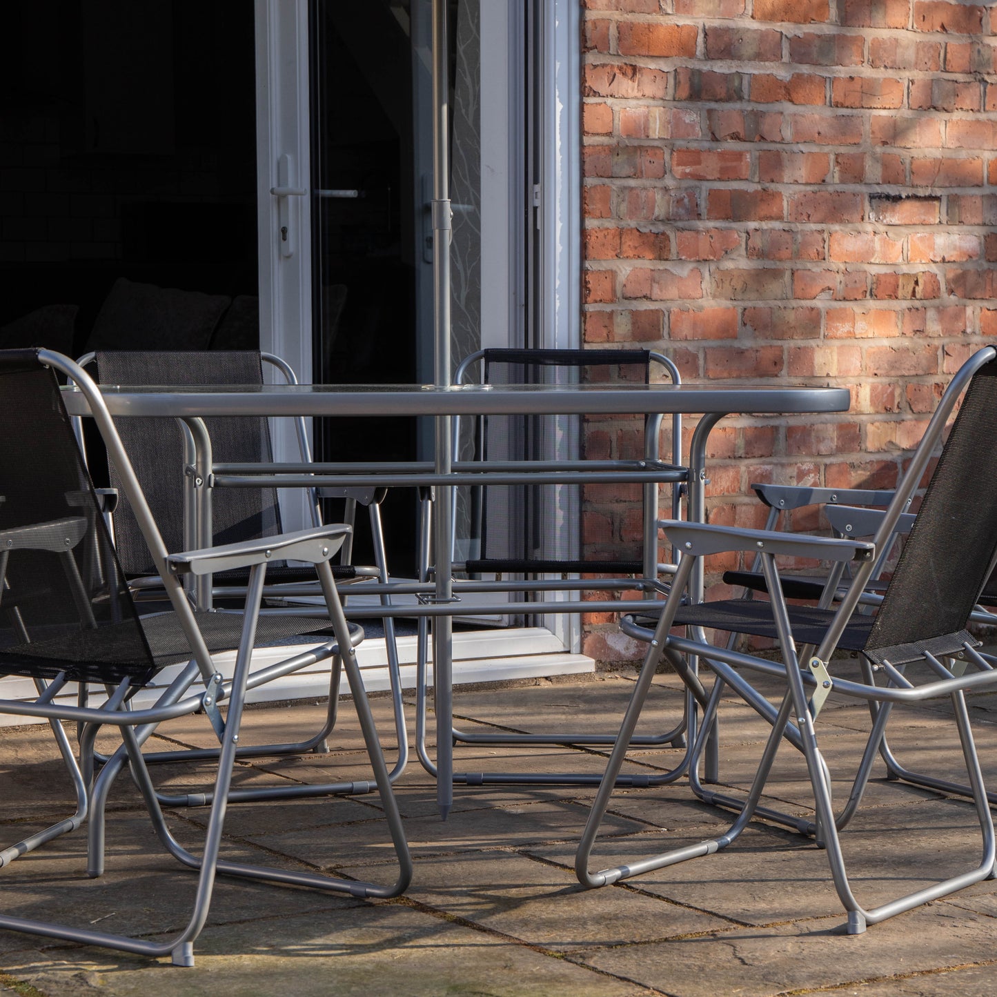 6 Person Garden Furniture Patio Set Table, 6 Chairs & Parasol with Black Glass