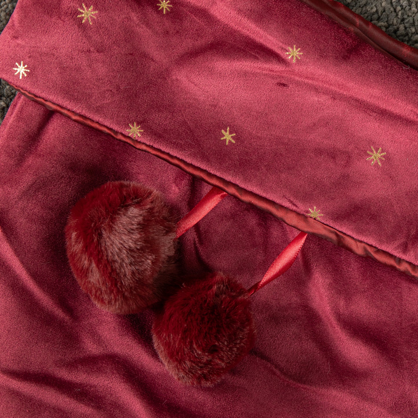 70cm Hanging Burgundy Velour Star Print Christmas Stocking with Pom Poms
