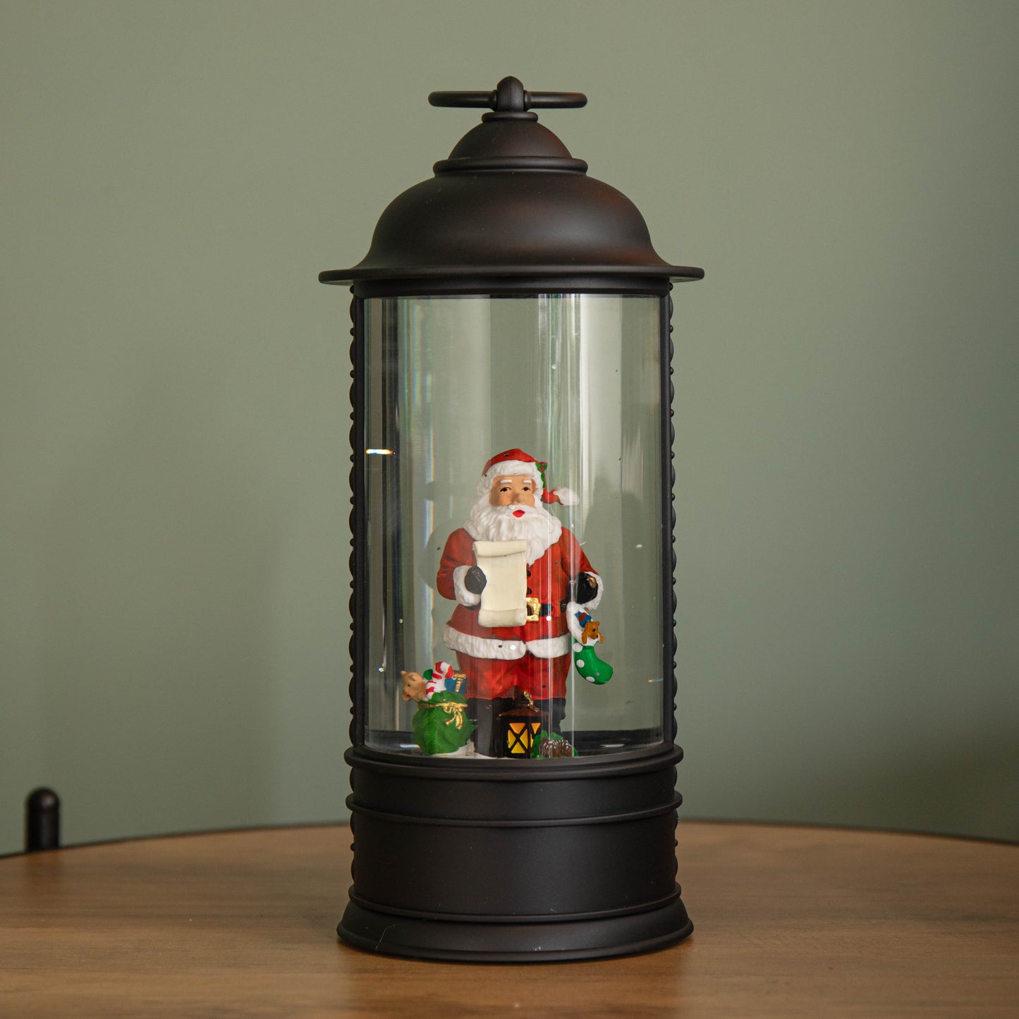 29cm Dual Power LED Christmas Glitter Water Spinner Black Lantern Santa Scene