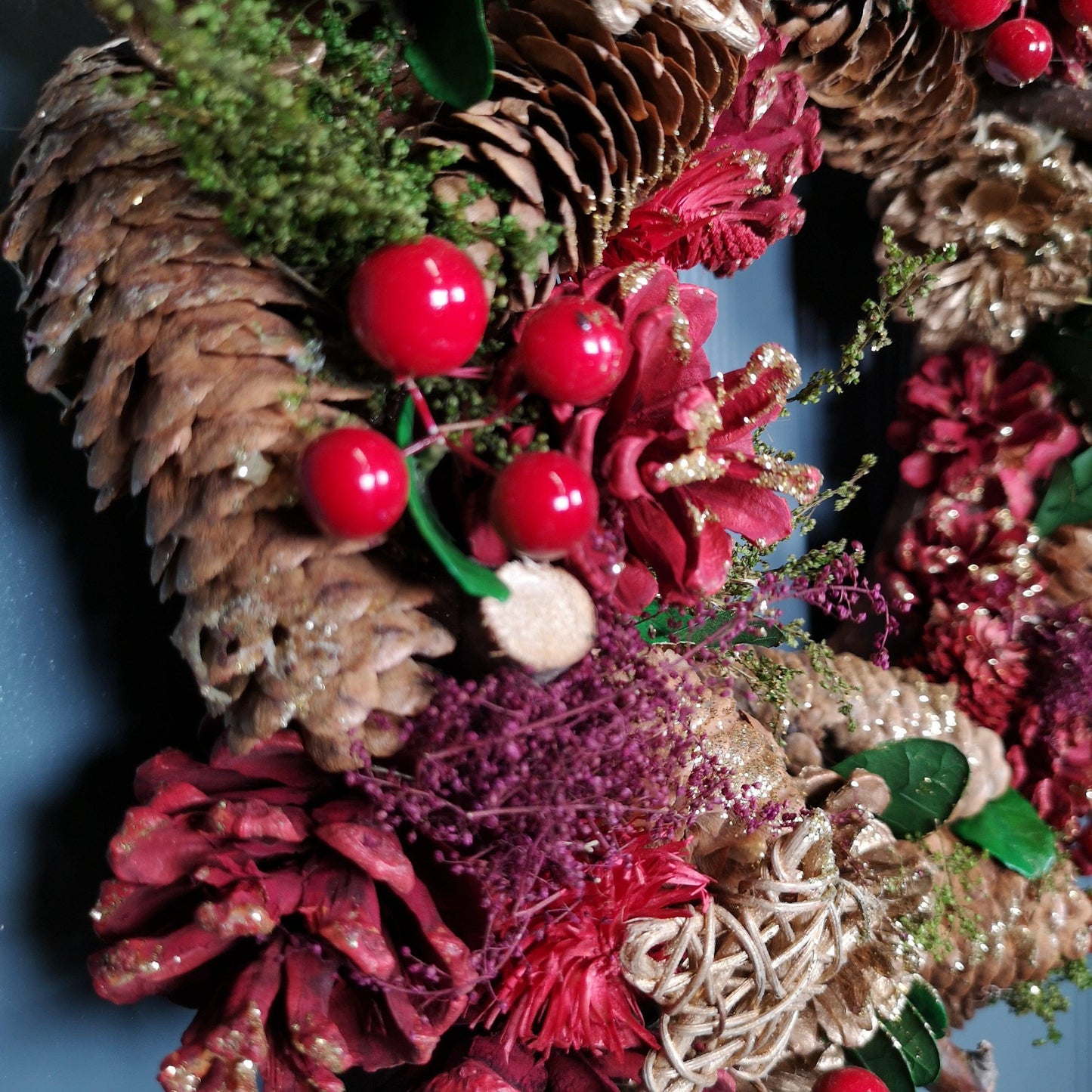 36cm Christmas Wreath in Gold & Red with Pine Cones and Berries