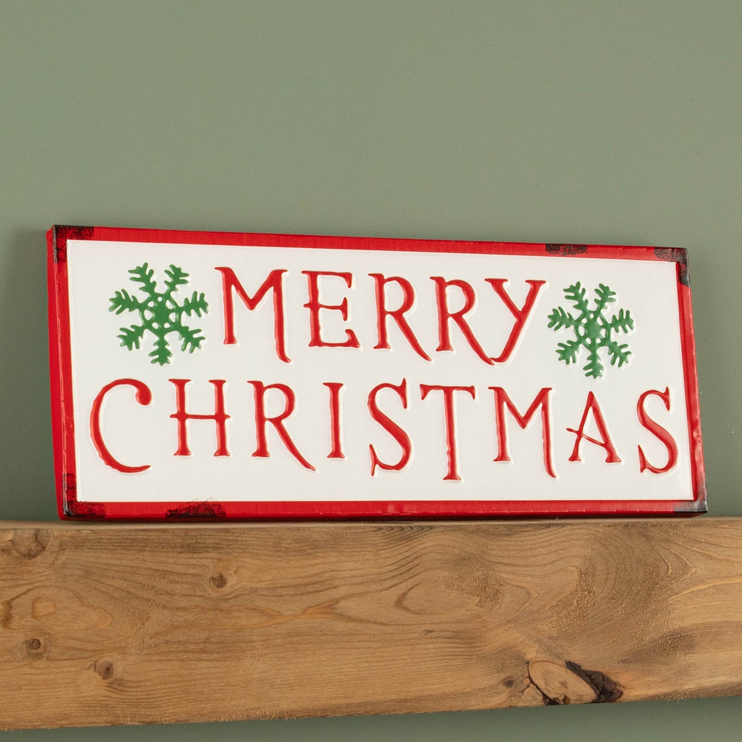 57cm Metal Merry Christmas Hanging Sign in Red & White with Green Snowflakes