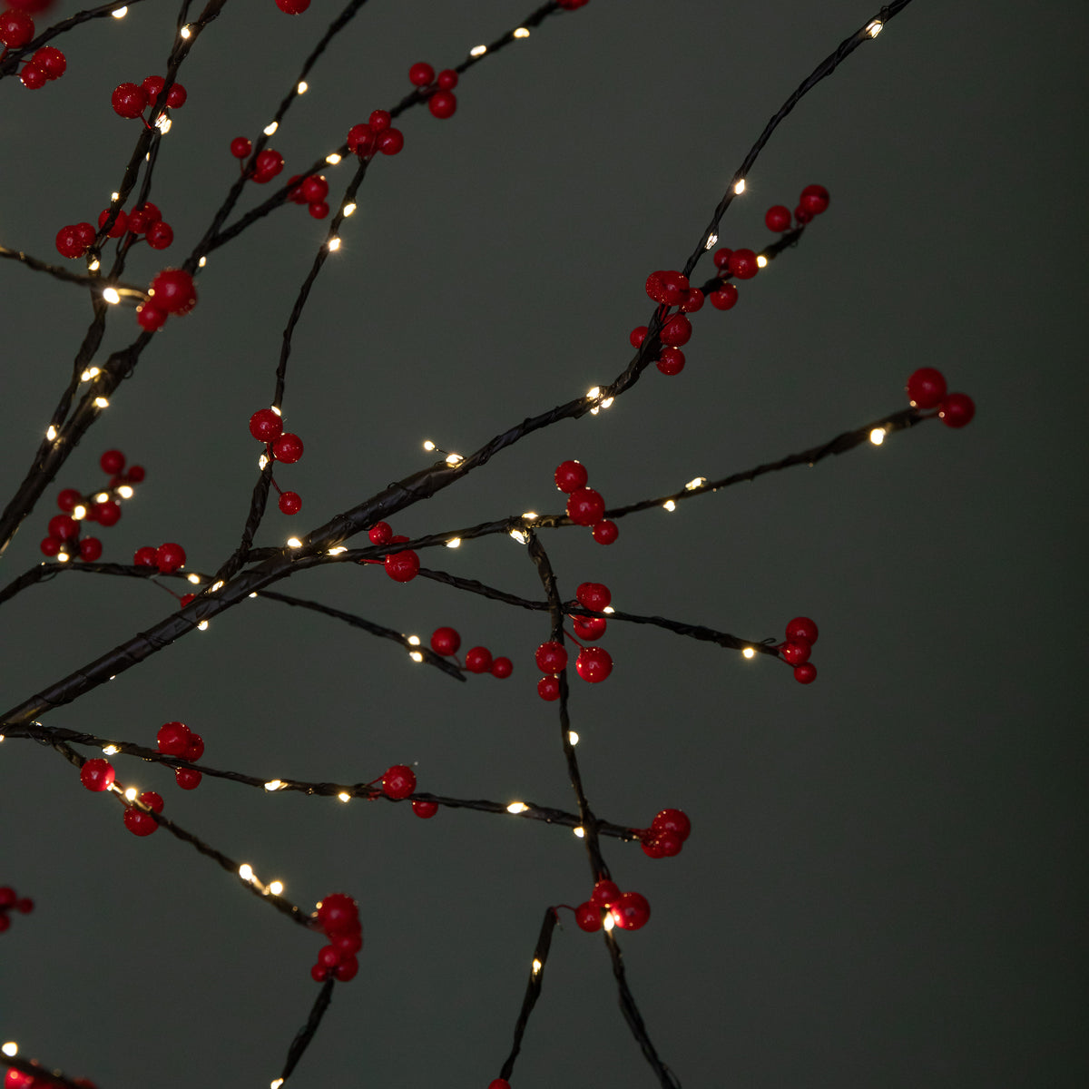 180cm 6ft Christmas Lit Black Twig Tree Red Berry 600 Warm White LED
