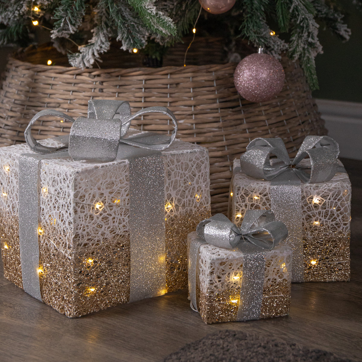 Set of 3 Battery Operated Gold Sparkly Christmas Gift Boxes with LEDs
