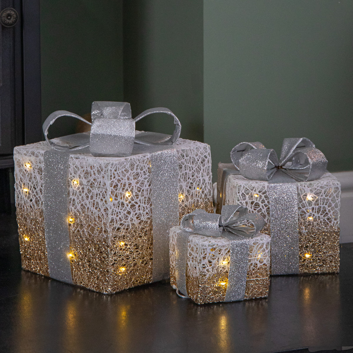 Set of 3 Battery Operated Gold Sparkly Christmas Gift Boxes with LEDs