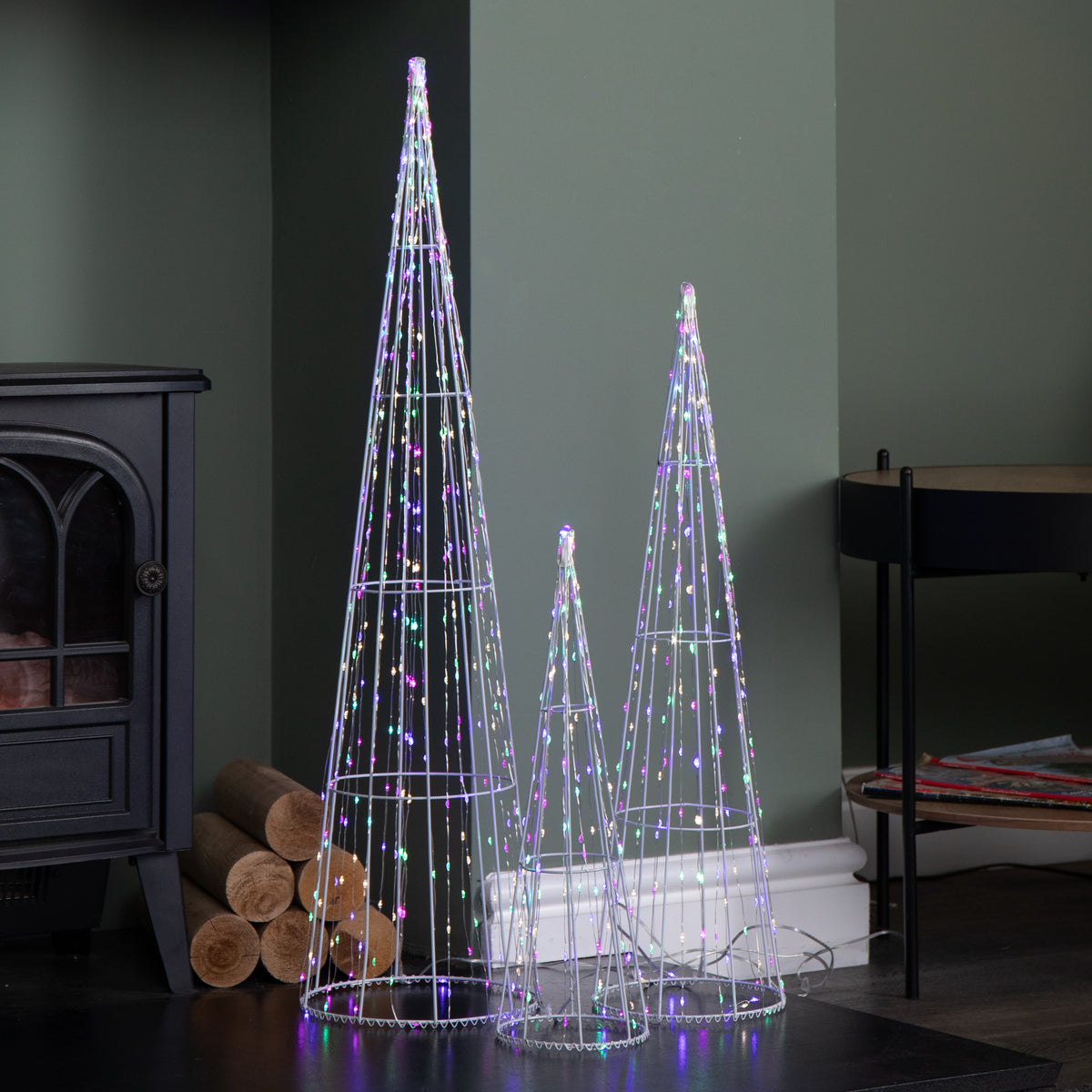 Set of 3 Light up White Metal Dewdrop Christmas Cone Trees with Mulit-Coloured LEDs