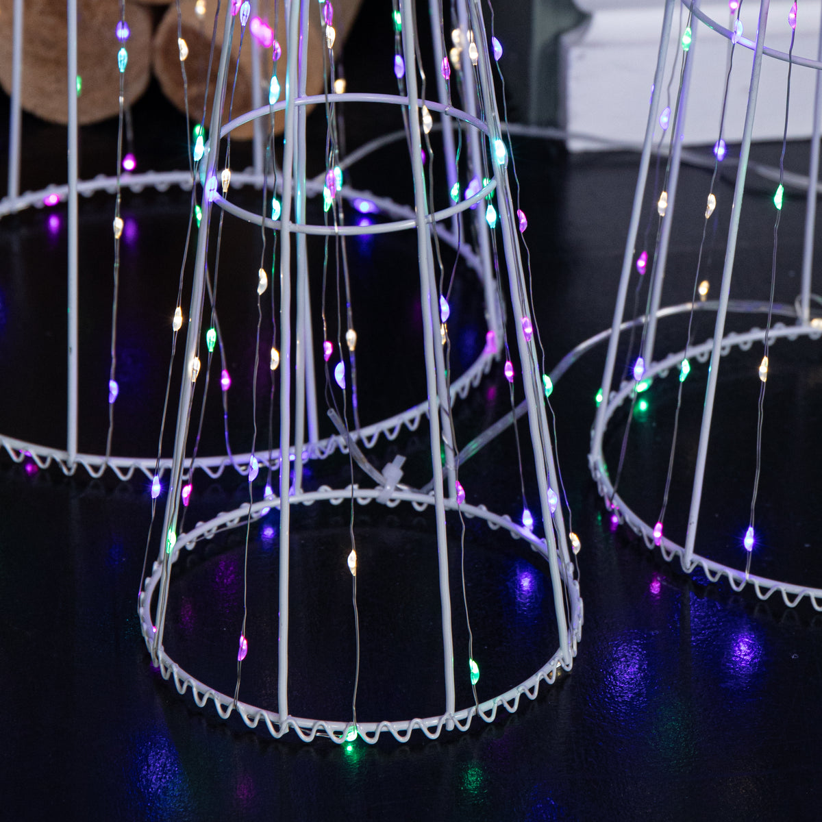 Set of 3 Light up White Metal Dewdrop Christmas Cone Trees with Mulit-Coloured LEDs