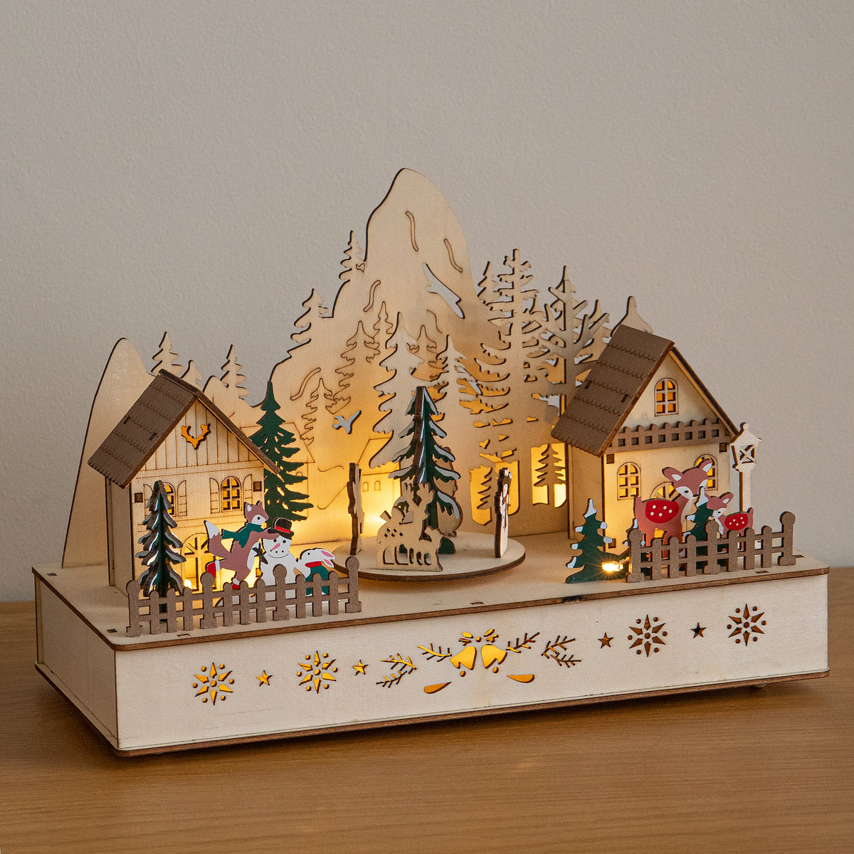 28cm Light Up Wooden Winter Village Christmas Scene with 8 Warm White LEDs