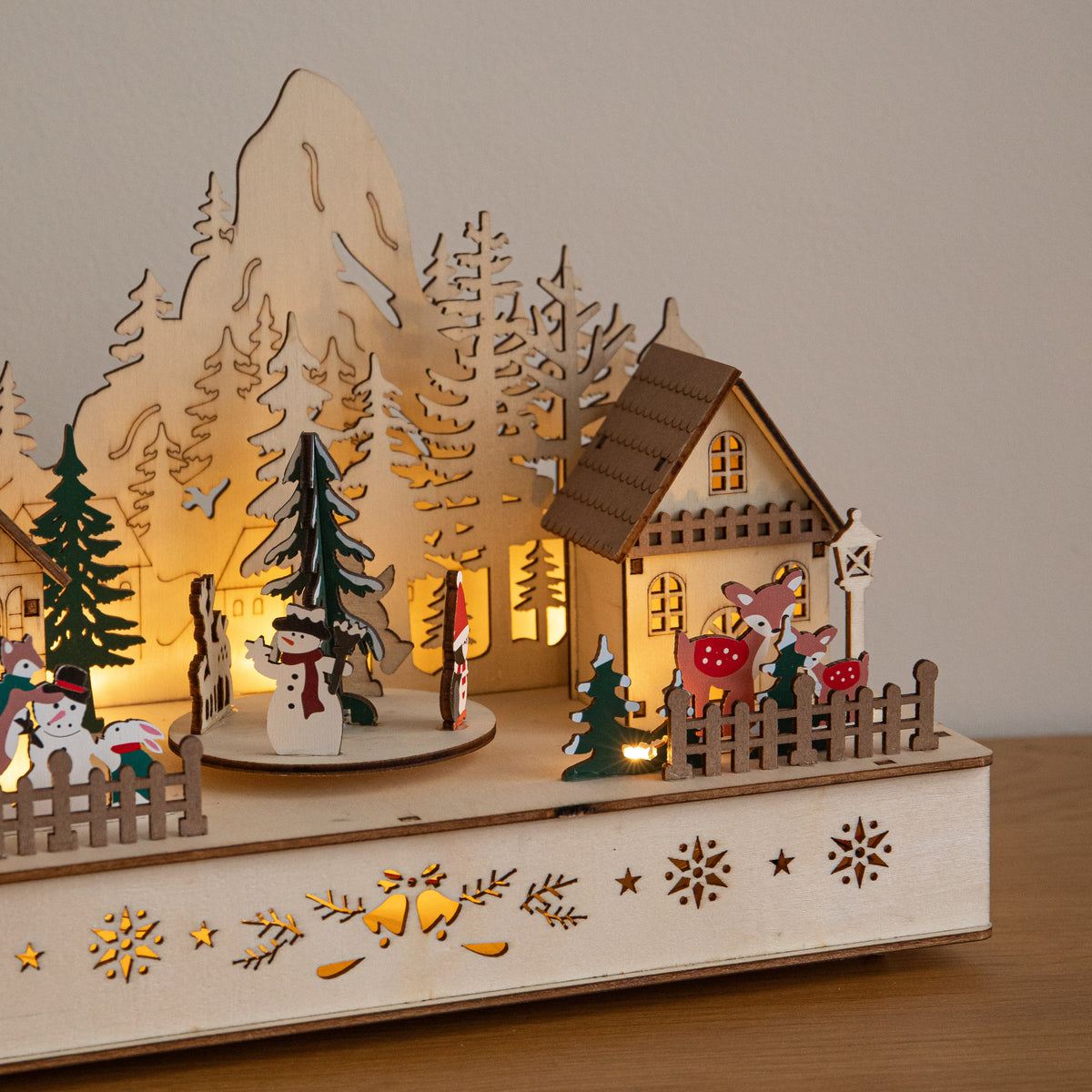 28cm Light Up Wooden Winter Village Christmas Scene with 8 Warm White LEDs