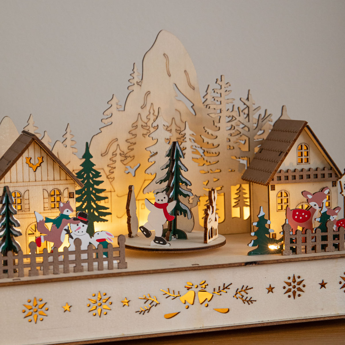 28cm Light Up Wooden Winter Village Christmas Scene with 8 Warm White LEDs